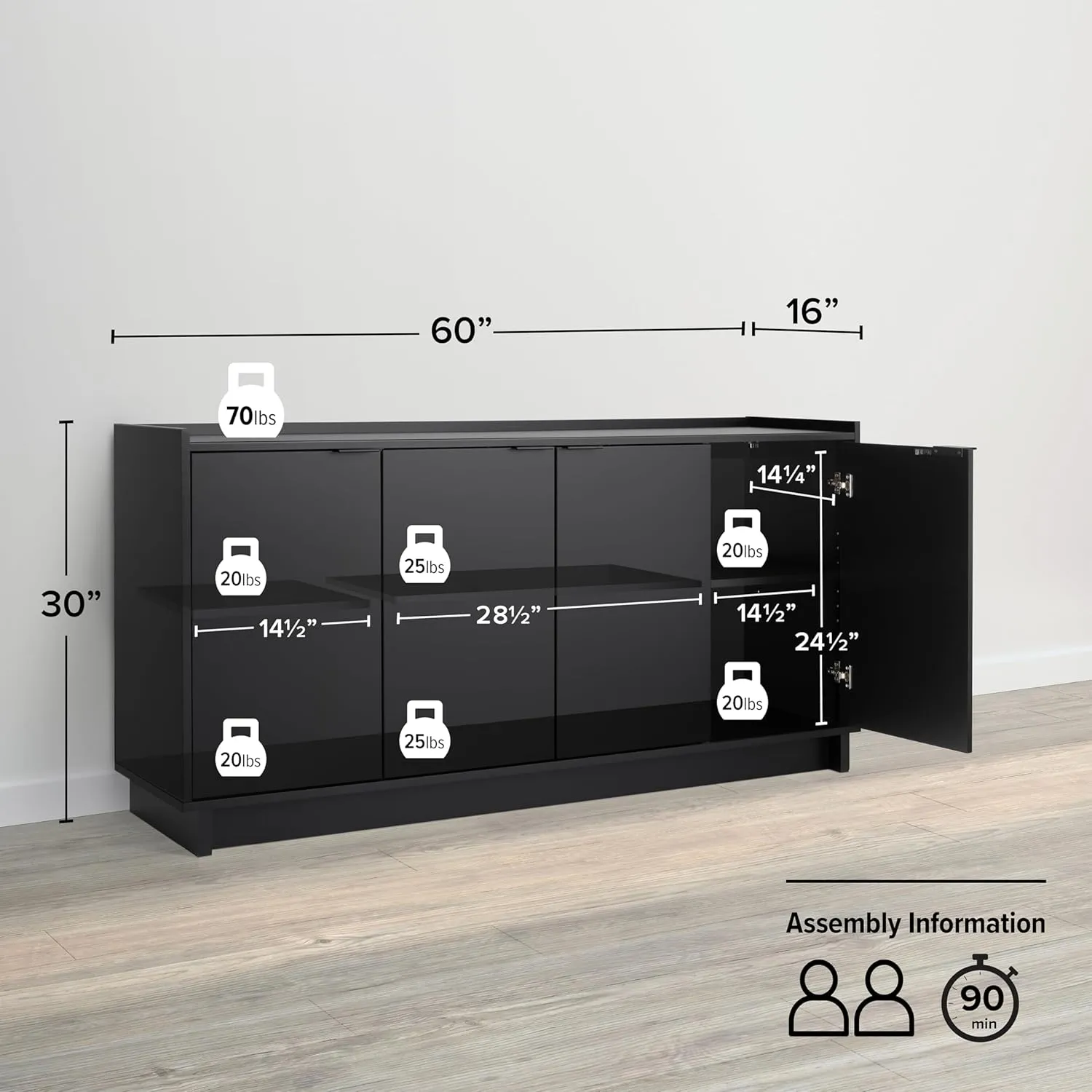 Prepac Simply Modern 4 Door Console Table Storage Cabinet, Buffet Cabinet for Storage and Organization, Modern Side Table with Doors & Shelves, 60”W x 30”H x 16”D, Black