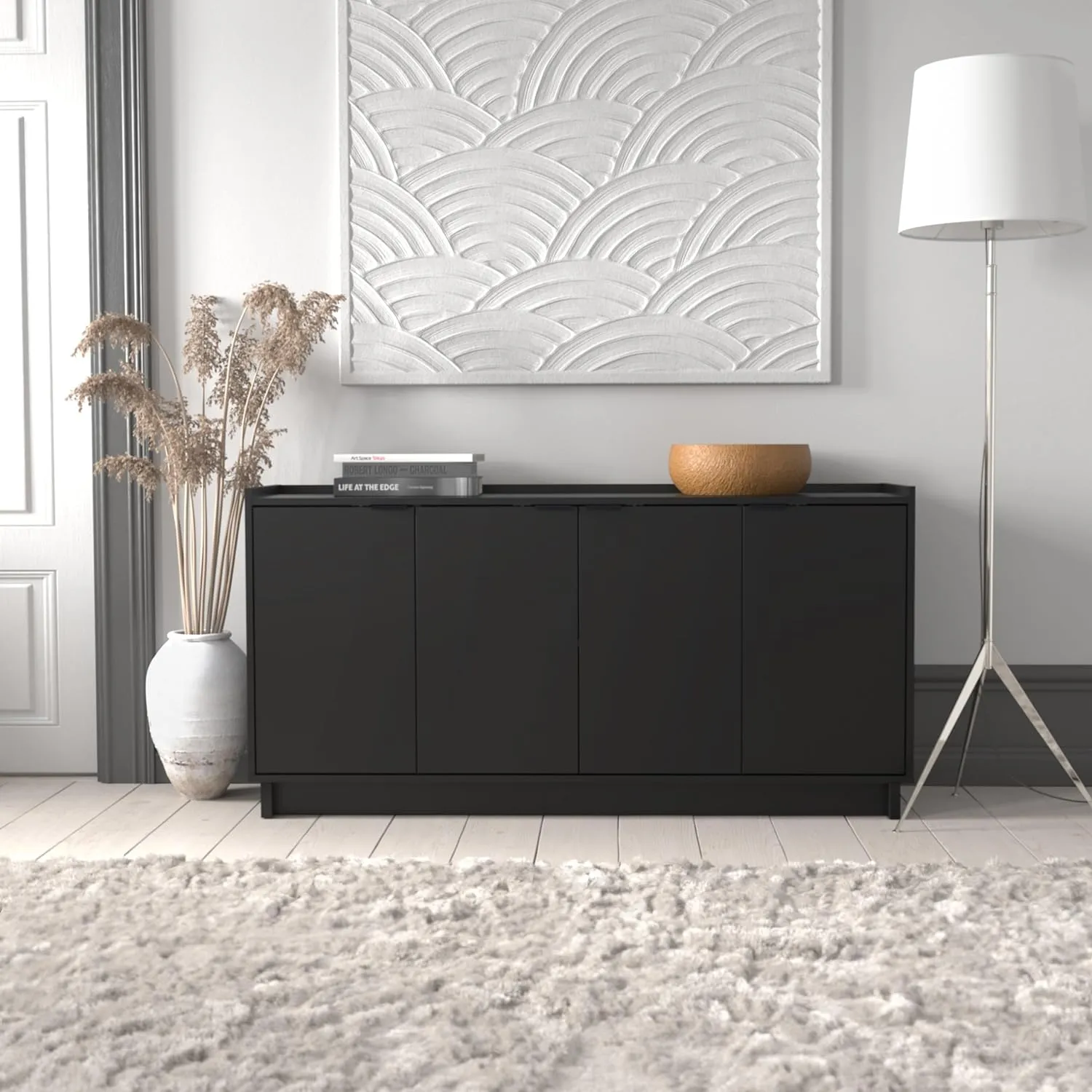 Prepac Simply Modern 4 Door Console Table Storage Cabinet, Buffet Cabinet for Storage and Organization, Modern Side Table with Doors & Shelves, 60”W x 30”H x 16”D, Black