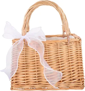 PRETYZOOM Wicker Woven Handbag with Handle Versatile Flower Basket for Home Decor Present Giving Picnic Use Elegant Craft Design with Ribbon Accents for Flower Arrangements