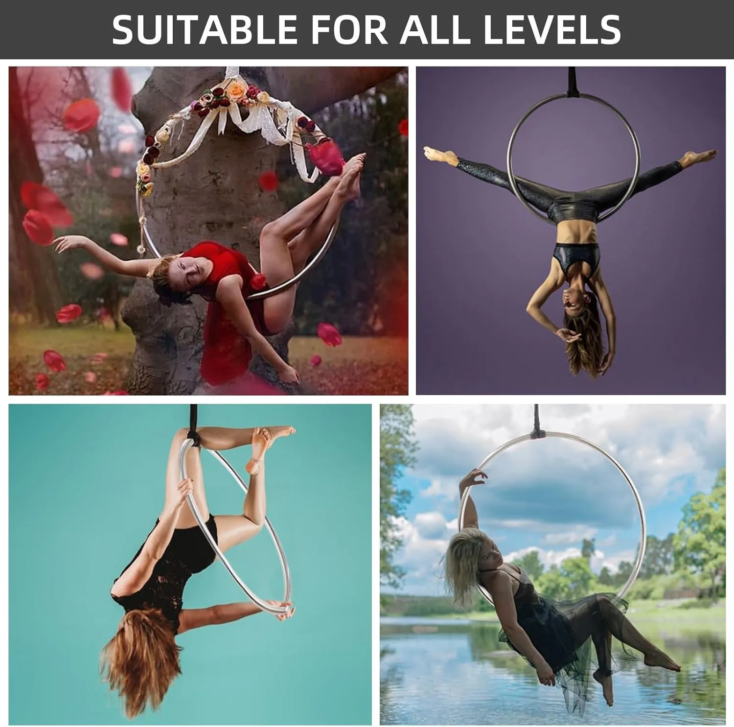 PRIOR FITNESS Professional Lyra Hoop Set, Tab-Less Aerial Ring Equipment with Complete Rigging Hardware