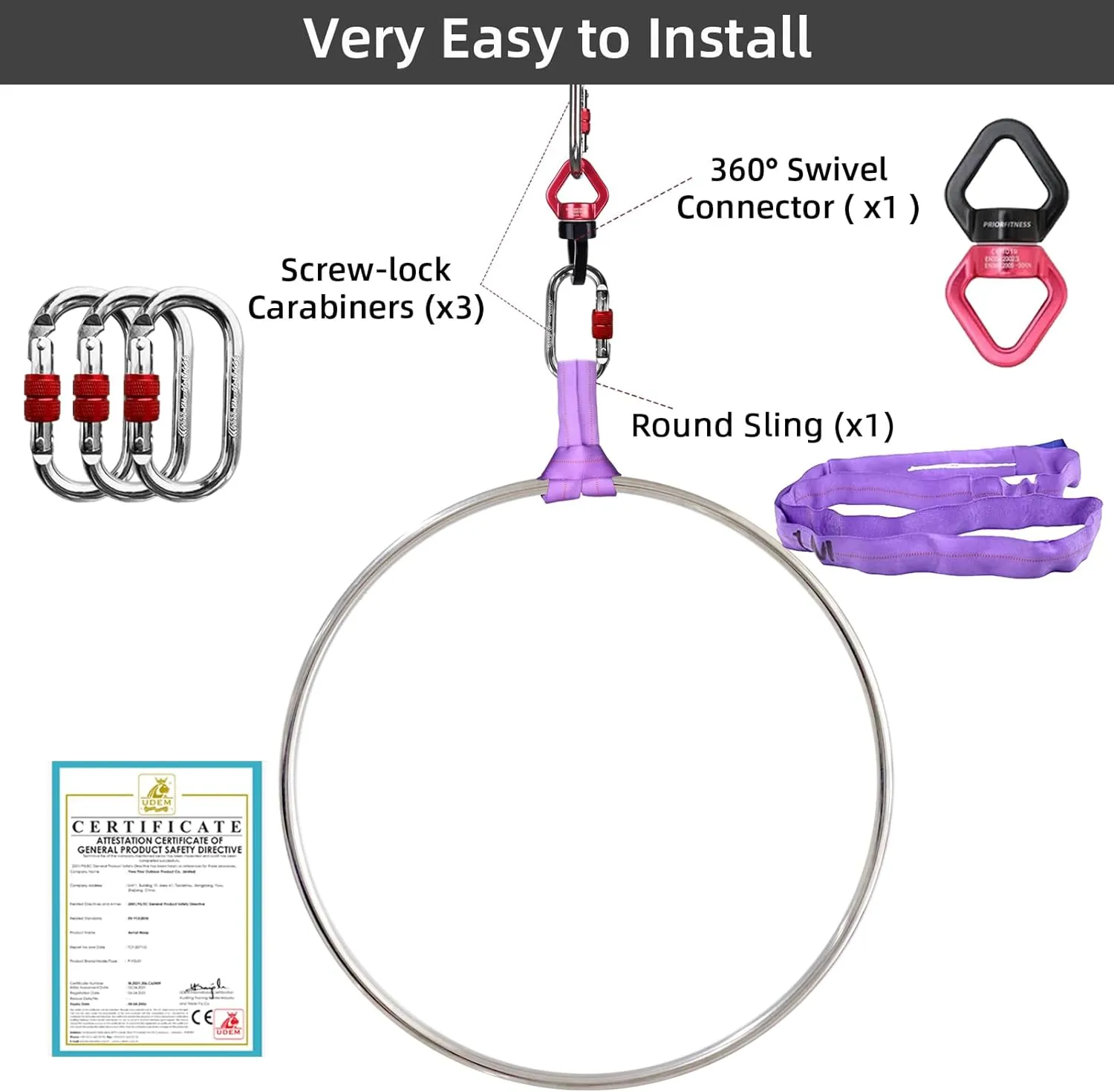 PRIOR FITNESS Professional Lyra Hoop Set, Tab-Less Aerial Ring Equipment with Complete Rigging Hardware