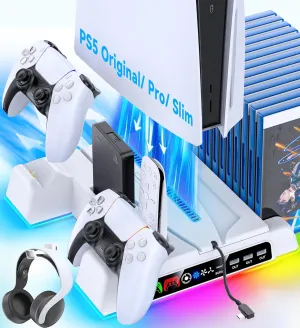 PS5/ Slim/Pro Stand for Disc & Digital Console, PS5 Cooling Station with Dual Controller Charging Station for PlayStation 5 Console, 3-Level Fan PlayStation 5 Controller Charger Accessories Stand
