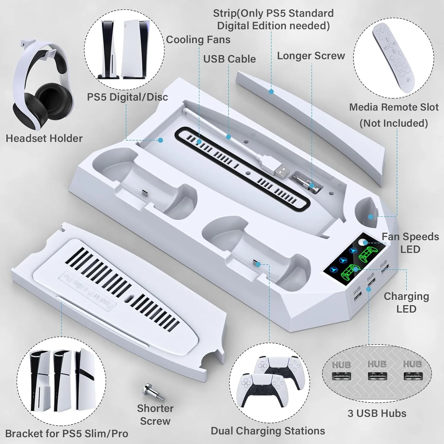 PS5/PS5 Slim/PS5 Pro Stand and Cooling Station with Dual Controller Charging Station for PlayStation 5 Console, PS5 Accessories Incl. Controller Charger, Cooling Fan, Headset Holder, 3 USB Hub, White