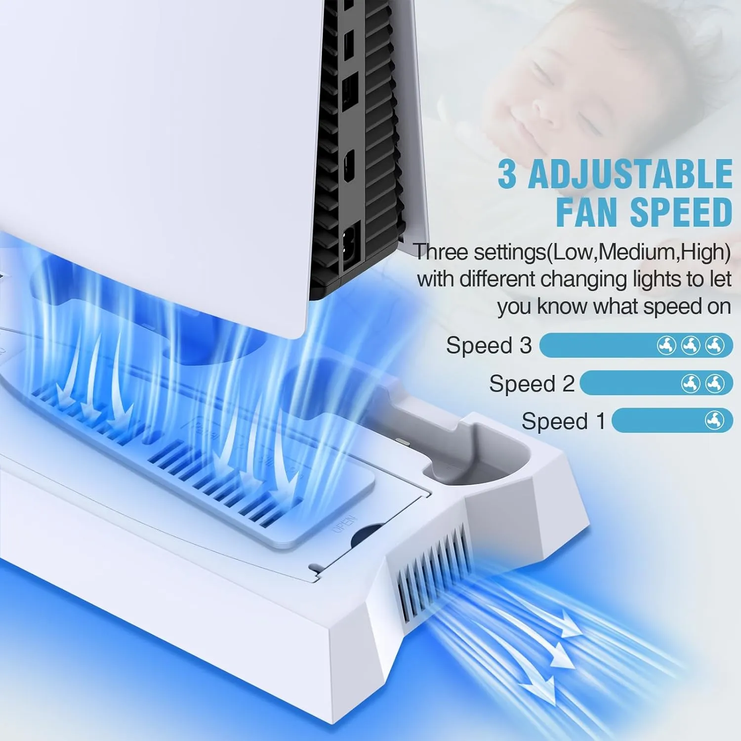 PS5/PS5 Slim/PS5 Pro Stand and Cooling Station with Dual Controller Charging Station for PlayStation 5 Console, PS5 Accessories Incl. Controller Charger, Cooling Fan, Headset Holder, 3 USB Hub, White