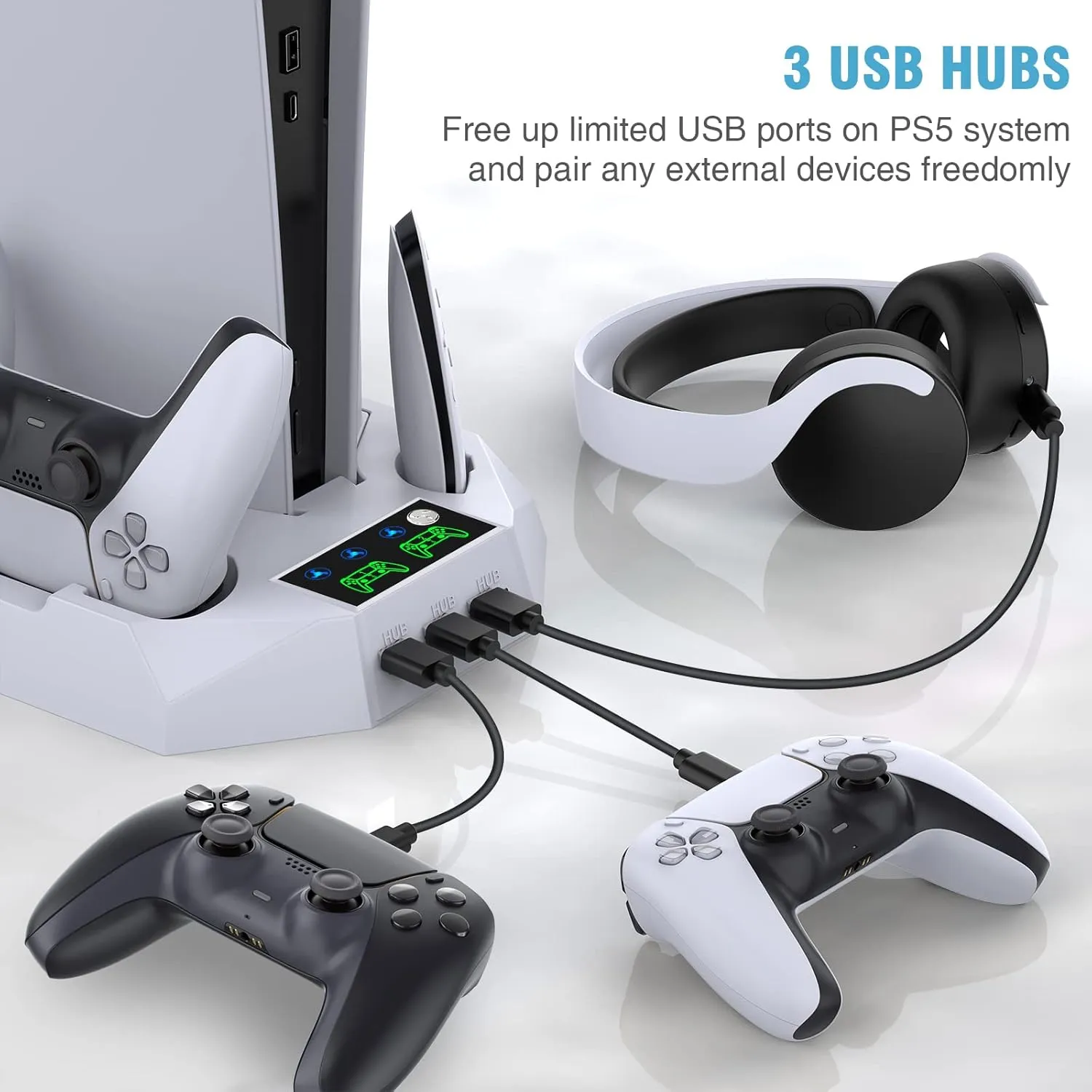 PS5/PS5 Slim/PS5 Pro Stand and Cooling Station with Dual Controller Charging Station for PlayStation 5 Console, PS5 Accessories Incl. Controller Charger, Cooling Fan, Headset Holder, 3 USB Hub, White