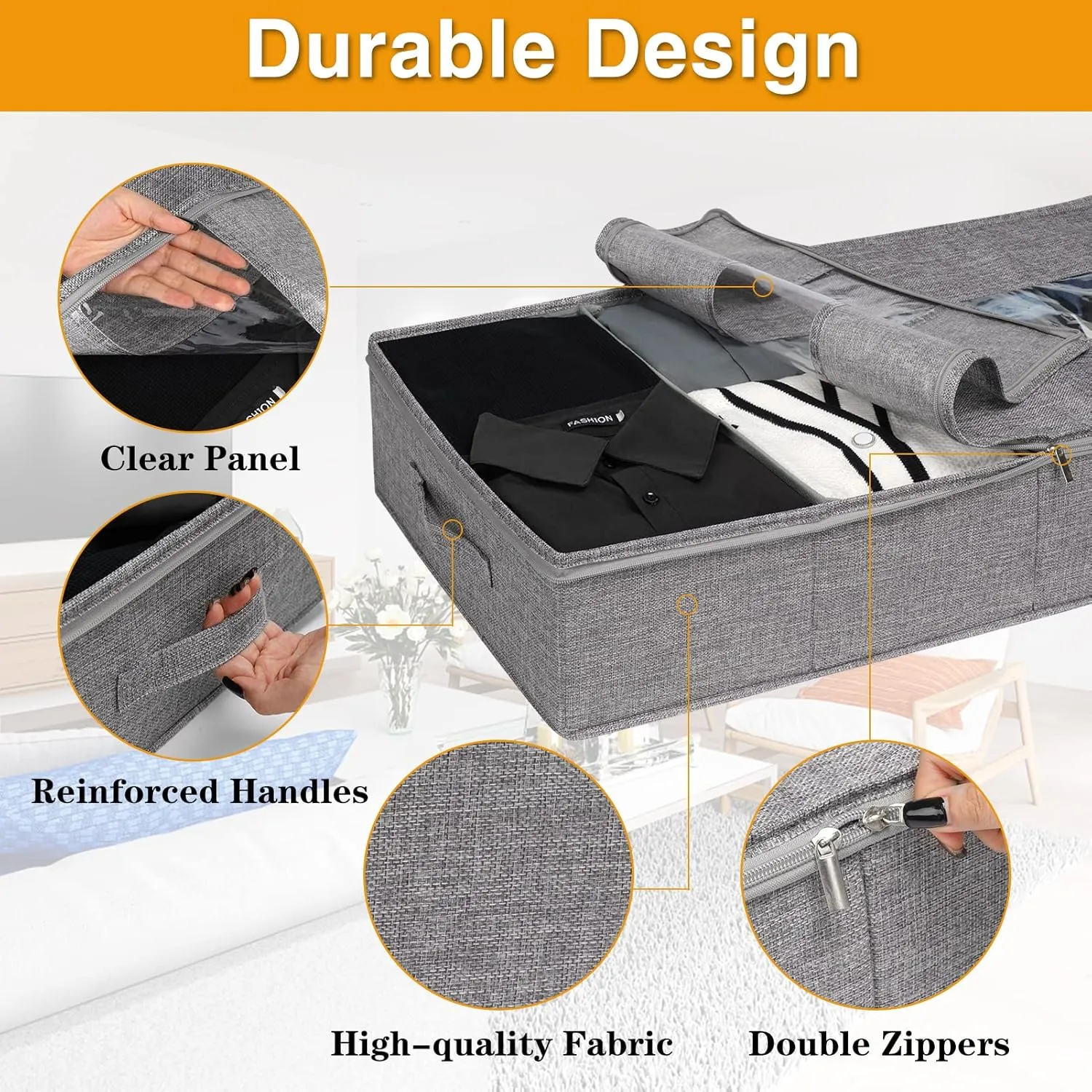 punemi Under Bed Storage with Adjustable Dividers, Underbed Clothes Storage Containers Bins 31.5 x 16.1 x 6 inch High, Firm Sides Closet Organizers for Towels Sweaters Linen Sheets, 2Pack