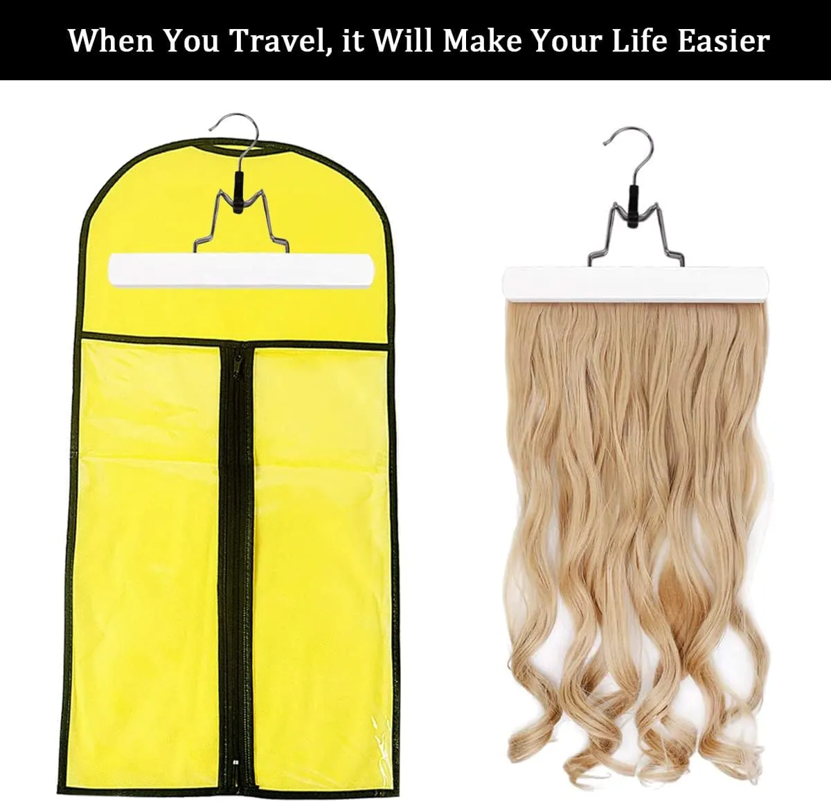 Qavctw Portable Wig Storage Bag, Hair Extension Bag with Hanger Dust-proof Hair Extension Hanger, Waterproof Hanger Strong Holder for Store Style Human Hair