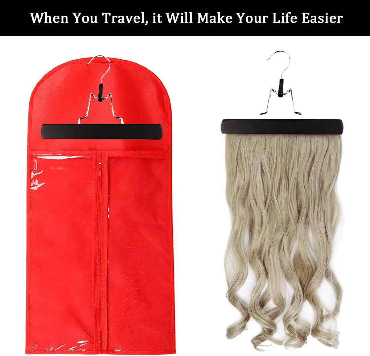Qavctw Portable Wig Storage Bag, Hair Extension Bag with Hanger Dust-proof Hair Extension Hanger, Waterproof Hanger Strong Holder for Store Style Human Hair