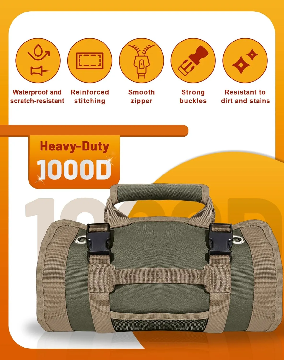 QcoQce Heavy Duty Oxford Tool Roll, Waterproof Durable Tool Bag with 6 Pockets, Tool Organizer for Garage, Vehicle Maintenance, Home Repairs, Portable Roll Up Tool Bag for Men (Army Green)