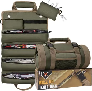 QcoQce Heavy Duty Oxford Tool Roll, Waterproof Durable Tool Bag with 6 Pockets, Tool Organizer for Garage, Vehicle Maintenance, Home Repairs, Portable Roll Up Tool Bag for Men (Army Green)