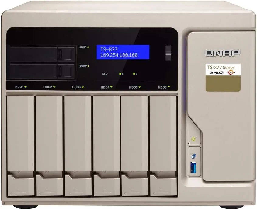QNAP TS-877 NAS Server, AMD Ryzen 7 8-Core 3.0GHz CPU, 32GB DDR4 RAM, 1TB SSD, 12TB HDD, RAID, QTS 4.3 Operating System, Beige, Metal, Floor Mount, Compatible with Server
