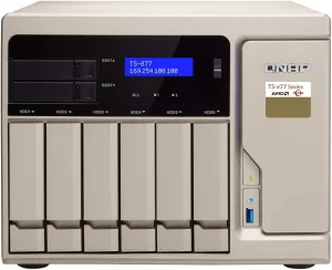 QNAP TS-877 NAS Server, AMD Ryzen 7 8-Core 3.0GHz CPU, 32GB DDR4 RAM, 1TB SSD, 12TB HDD, RAID, QTS 4.3 Operating System, Beige, Metal, Floor Mount, Compatible with Server