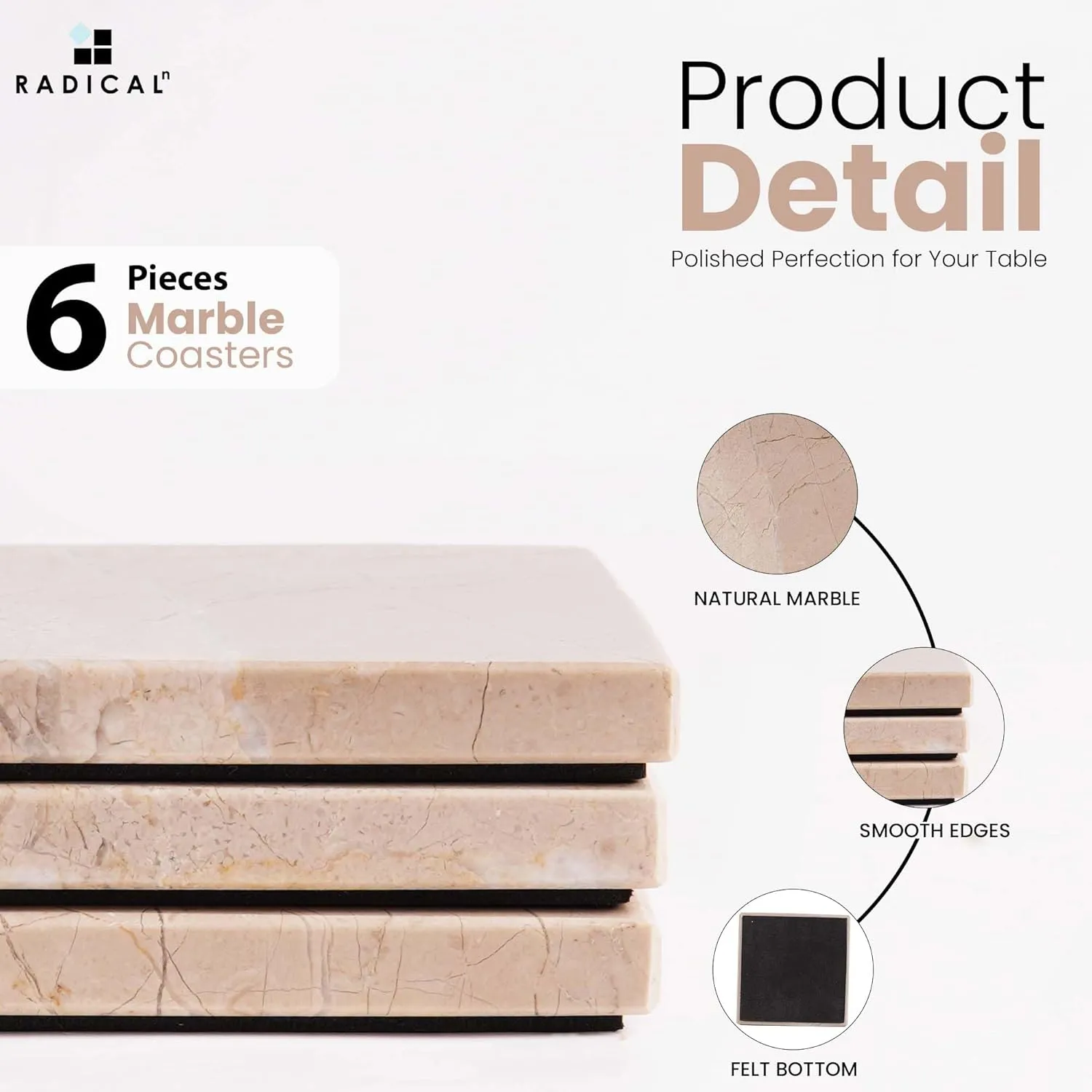Radicaln Marble Coasters Square 3.5" Inches Verona Handmade Modern Coasters for Drink, Decorative Stone Drink Coaster for Any Room, Coaster Set of 6