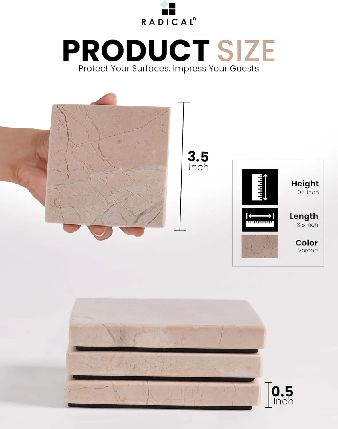 Radicaln Marble Coasters Square 3.5" Inches Verona Handmade Modern Coasters for Drink, Decorative Stone Drink Coaster for Any Room, Coaster Set of 6