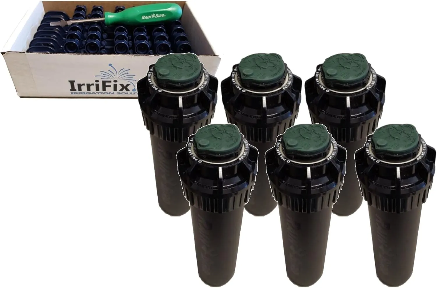 Rain Bird 5000 Plus Series Pressure Regulator Seal-A-Matic Sprinkler Heads Bundle - 6 Pack 5004 PCSR SAM Rotors with IrriFix Nozzle Box Including 6 Nozzle Trees and 1 Rotortool Screwdriver