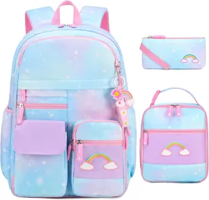 Rainbow School Backpack for Girls With Insulated Lunch Box and Pen Case Set - Kindergarten, Elementary, Middle School Book Bag for Children, Students