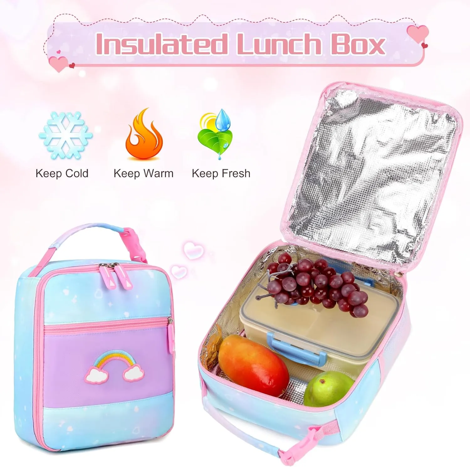 Rainbow School Backpack for Girls With Insulated Lunch Box and Pen Case Set - Kindergarten, Elementary, Middle School Book Bag for Children, Students