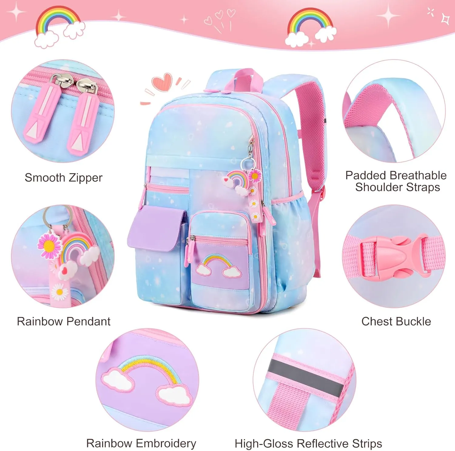Rainbow School Backpack for Girls With Insulated Lunch Box and Pen Case Set - Kindergarten, Elementary, Middle School Book Bag for Children, Students