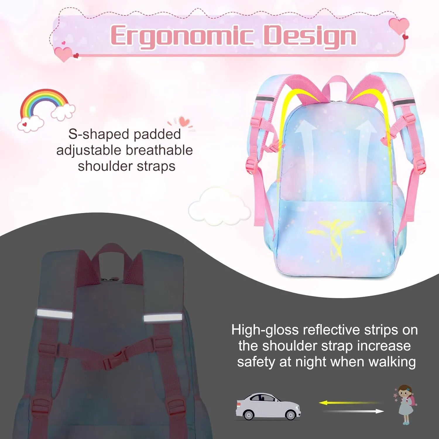 Rainbow School Backpack for Girls With Insulated Lunch Box and Pen Case Set - Kindergarten, Elementary, Middle School Book Bag for Children, Students