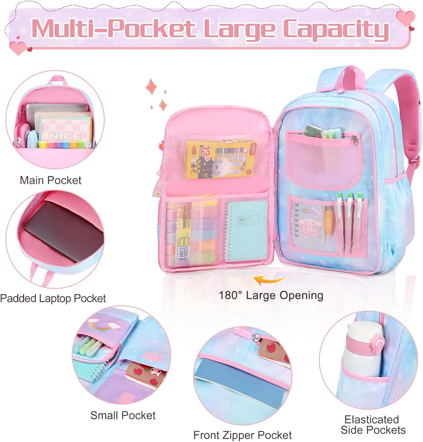 Rainbow School Backpack for Girls With Insulated Lunch Box and Pen Case Set - Kindergarten, Elementary, Middle School Book Bag for Children, Students