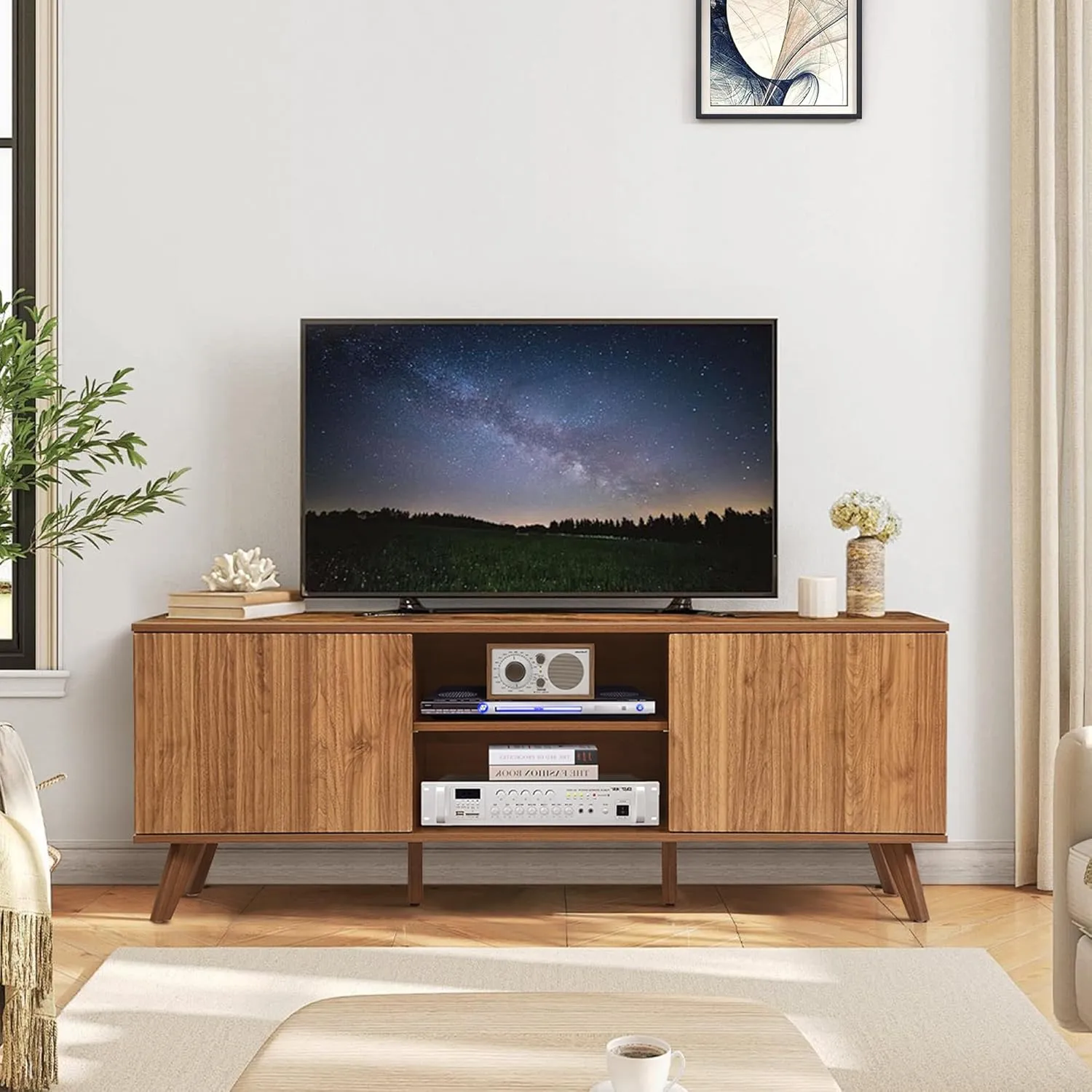 RARZOE Fluted TV Stand for TVs up to 65'', Modern Mid Century Entertainment Center with Storage Cabinet, TV Media Console for Living Room Bedroom Office, Walnut