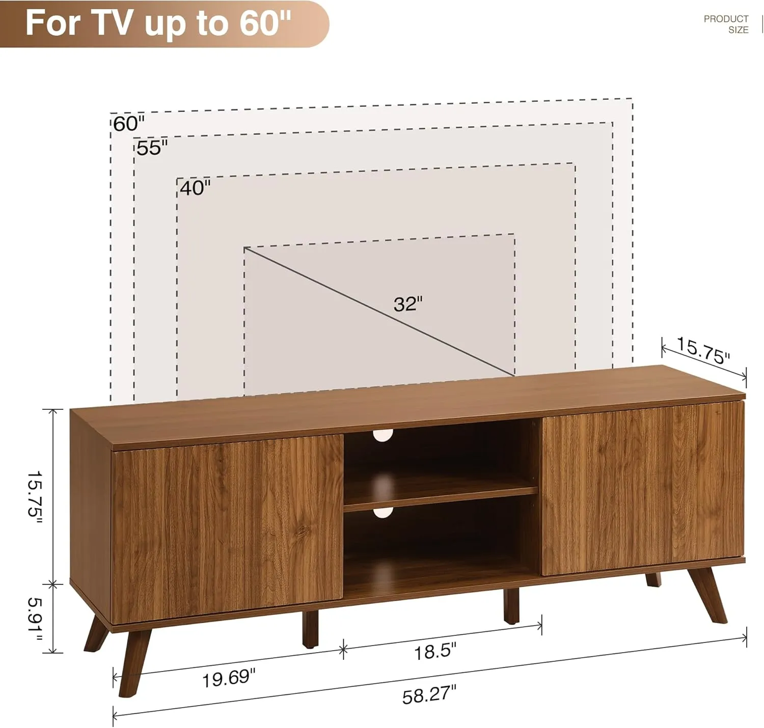 RARZOE Fluted TV Stand for TVs up to 65'', Modern Mid Century Entertainment Center with Storage Cabinet, TV Media Console for Living Room Bedroom Office, Walnut