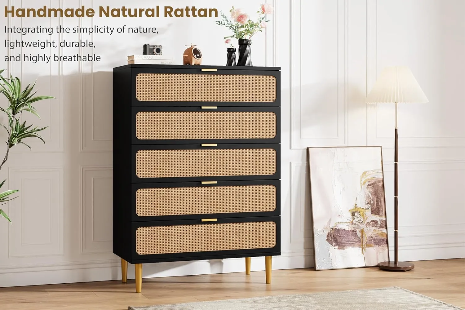 Rattan 5 Drawer Dressers for Bedroom, Tall Dresser with Deep Drawers, Large Chest of Drawers for Closet with Wide Top, Long Wooden Dresser for Living Room, Hallway, Kids Room, Black