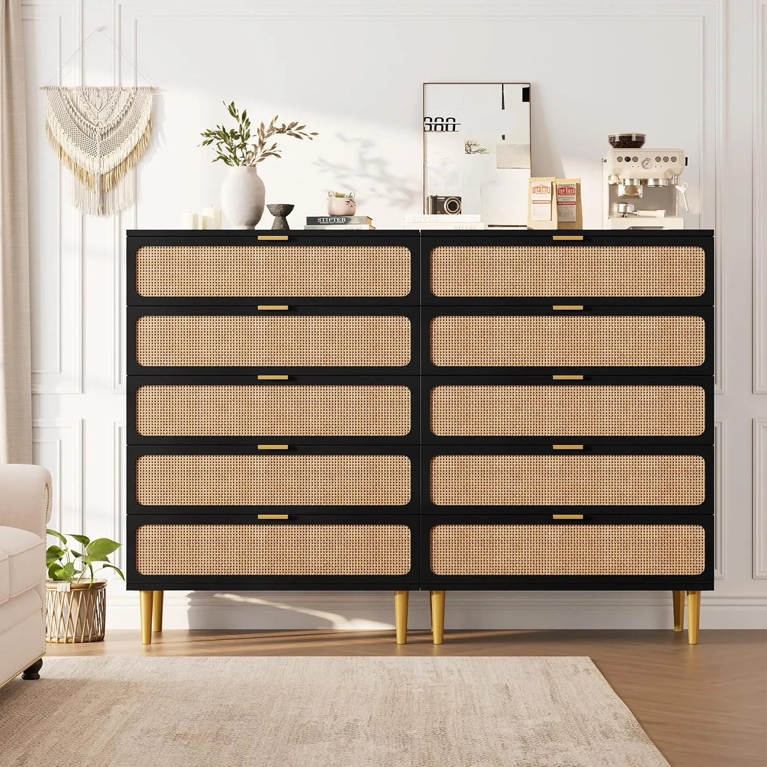 Rattan 5 Drawer Dressers for Bedroom, Tall Dresser with Deep Drawers, Large Chest of Drawers for Closet with Wide Top, Long Wooden Dresser for Living Room, Hallway, Kids Room, Black