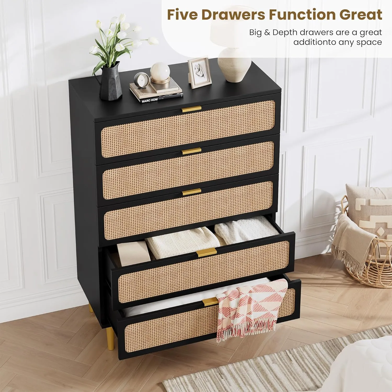 Rattan 5 Drawer Dressers for Bedroom, Tall Dresser with Deep Drawers, Large Chest of Drawers for Closet with Wide Top, Long Wooden Dresser for Living Room, Hallway, Kids Room, Black