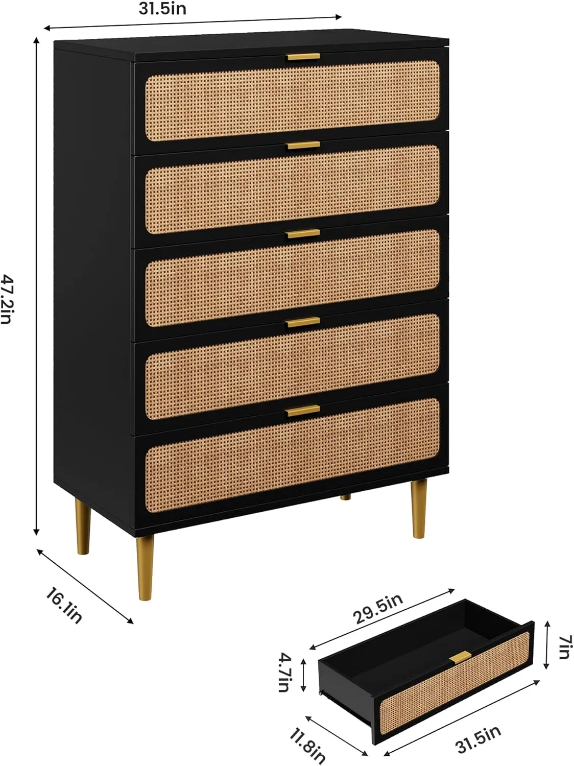 Rattan 5 Drawer Dressers for Bedroom, Tall Dresser with Deep Drawers, Large Chest of Drawers for Closet with Wide Top, Long Wooden Dresser for Living Room, Hallway, Kids Room, Black