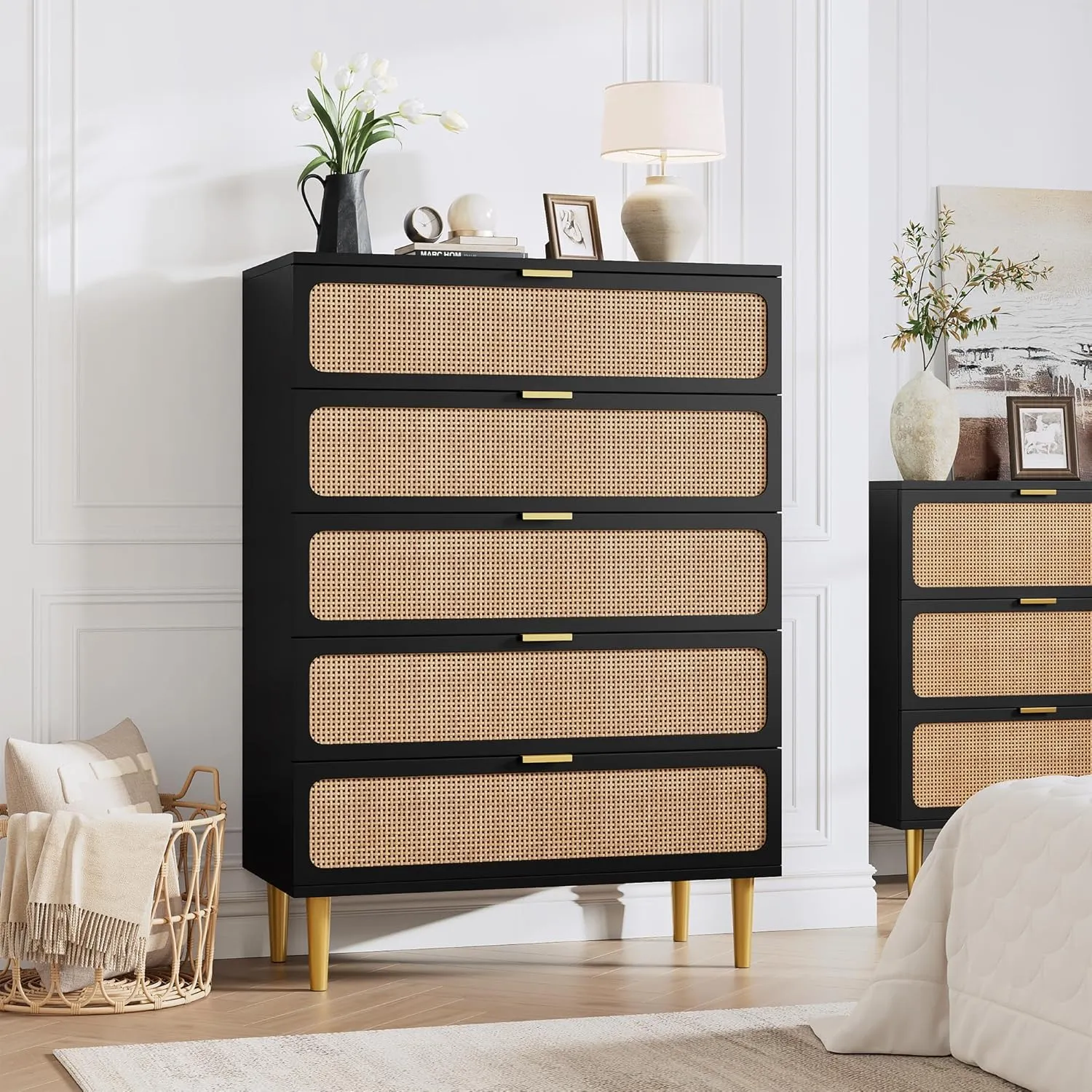 Rattan 5 Drawer Dressers for Bedroom, Tall Dresser with Deep Drawers, Large Chest of Drawers for Closet with Wide Top, Long Wooden Dresser for Living Room, Hallway, Kids Room, Black