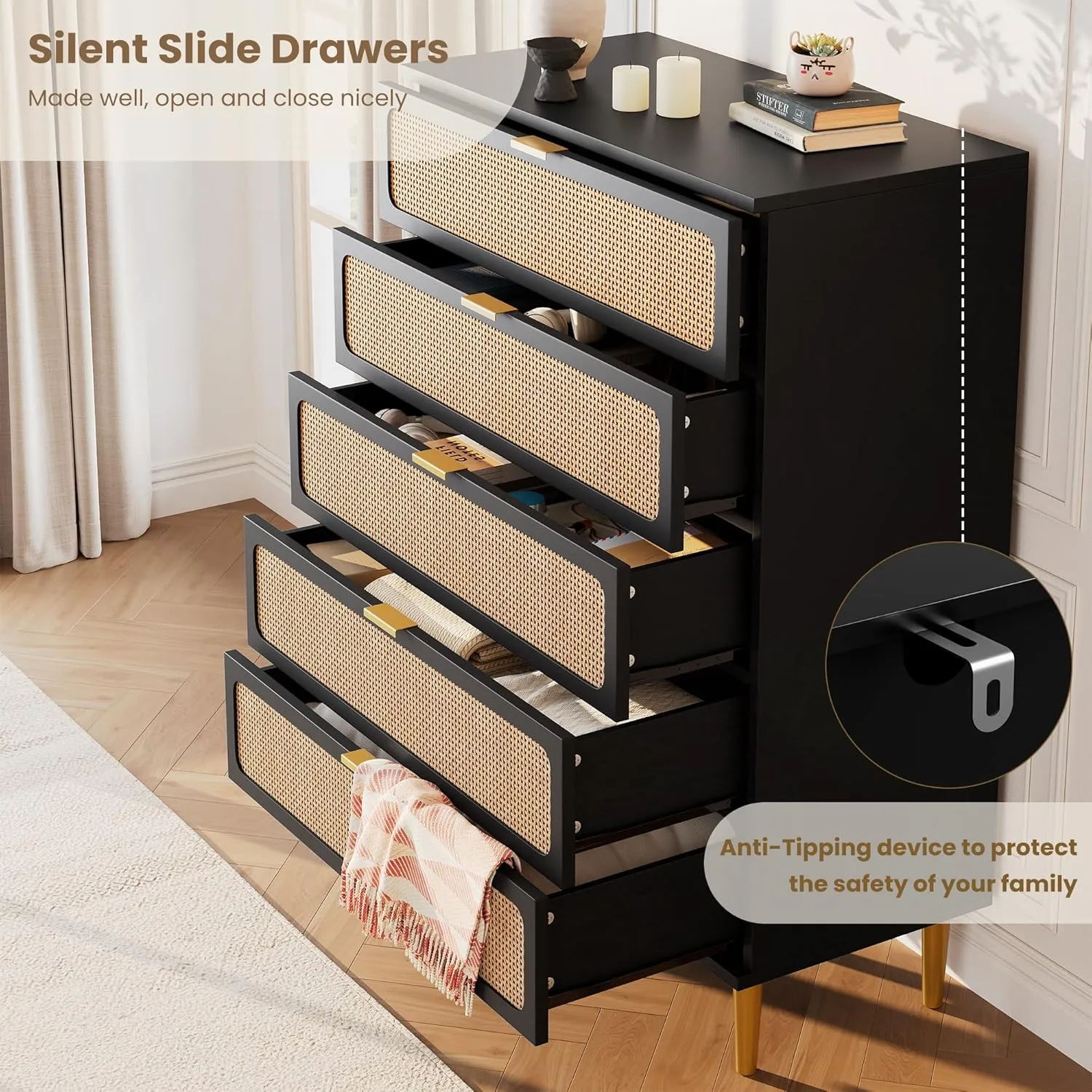 Rattan 5 Drawer Dressers for Bedroom, Tall Dresser with Deep Drawers, Large Chest of Drawers for Closet with Wide Top, Long Wooden Dresser for Living Room, Hallway, Kids Room, Black