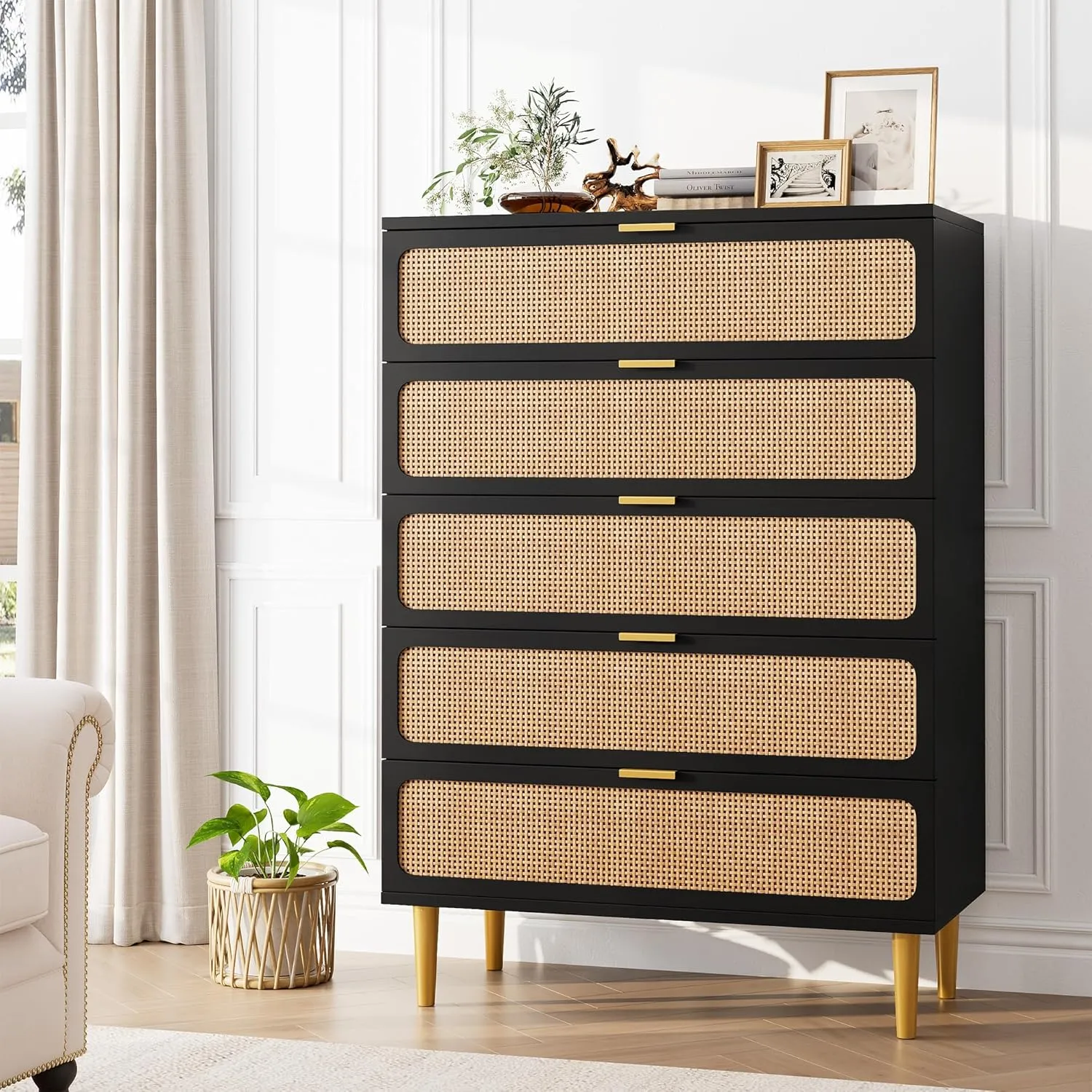 Rattan 5 Drawer Dressers for Bedroom, Tall Dresser with Deep Drawers, Large Chest of Drawers for Closet with Wide Top, Long Wooden Dresser for Living Room, Hallway, Kids Room, Black