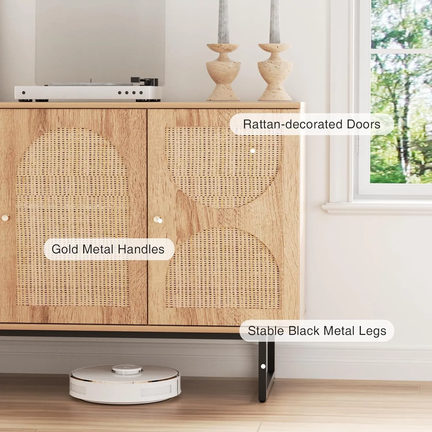 Rattan Sideboard Buffet Cabinet with Storage, Boho Farmhouse Wood Storage Cabinet with 3 Arched doors, Rattan Entryway Table Console Credenza TV Stand for Living Room, Dining Room, Kitchen, Hallway