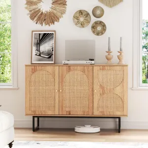 Rattan Sideboard Buffet Cabinet with Storage, Boho Farmhouse Wood Storage Cabinet with 3 Arched doors, Rattan Entryway Table Console Credenza TV Stand for Living Room, Dining Room, Kitchen, Hallway