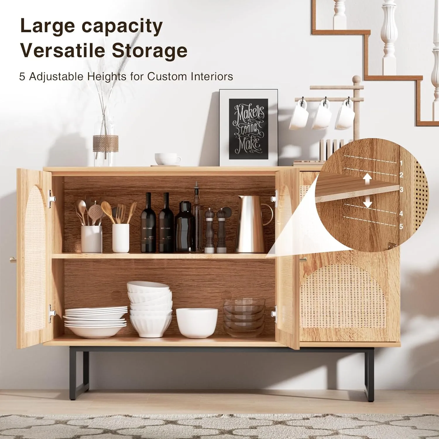 Rattan Sideboard Buffet Cabinet with Storage, Boho Farmhouse Wood Storage Cabinet with 3 Arched doors, Rattan Entryway Table Console Credenza TV Stand for Living Room, Dining Room, Kitchen, Hallway