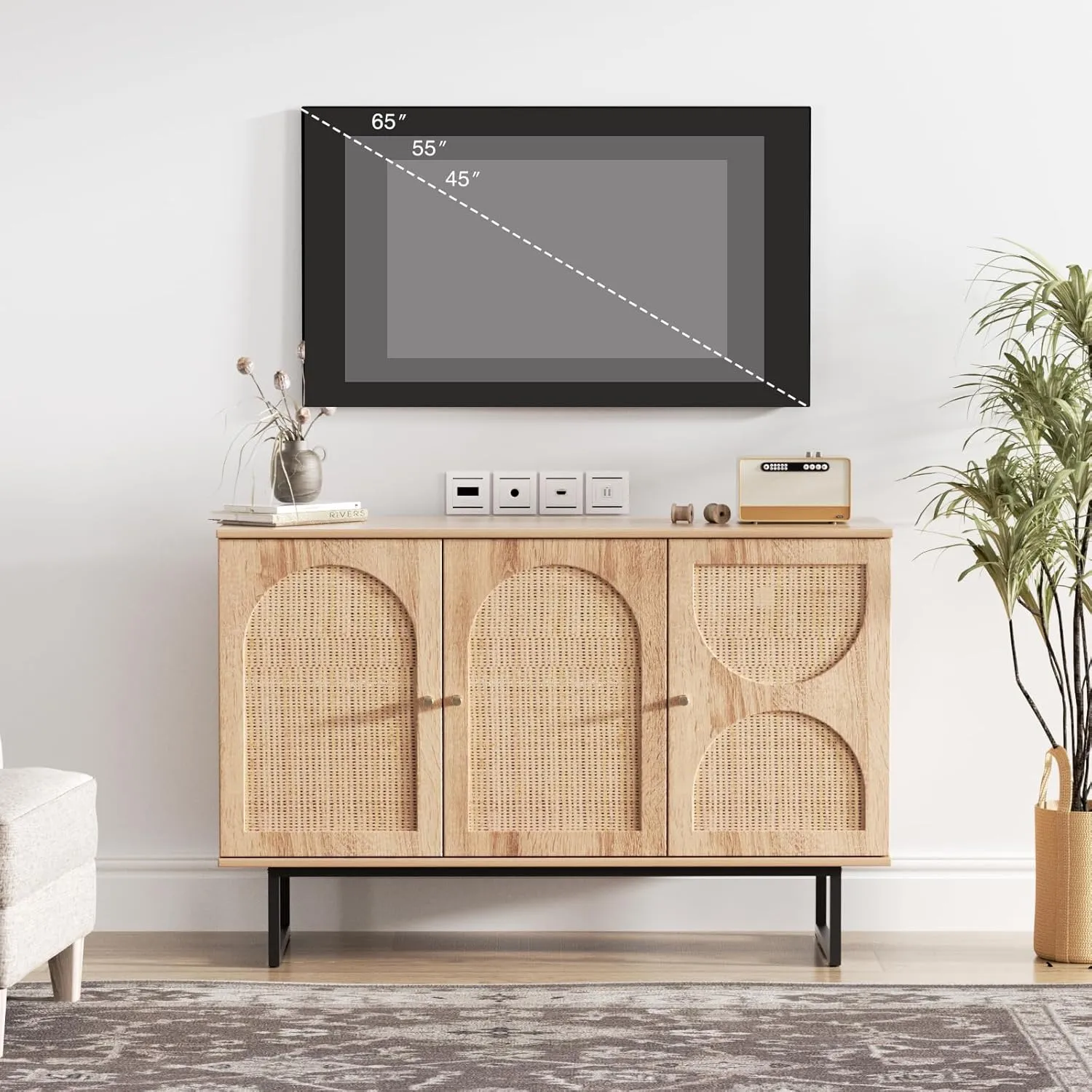 Rattan Sideboard Buffet Cabinet with Storage, Boho Farmhouse Wood Storage Cabinet with 3 Arched doors, Rattan Entryway Table Console Credenza TV Stand for Living Room, Dining Room, Kitchen, Hallway