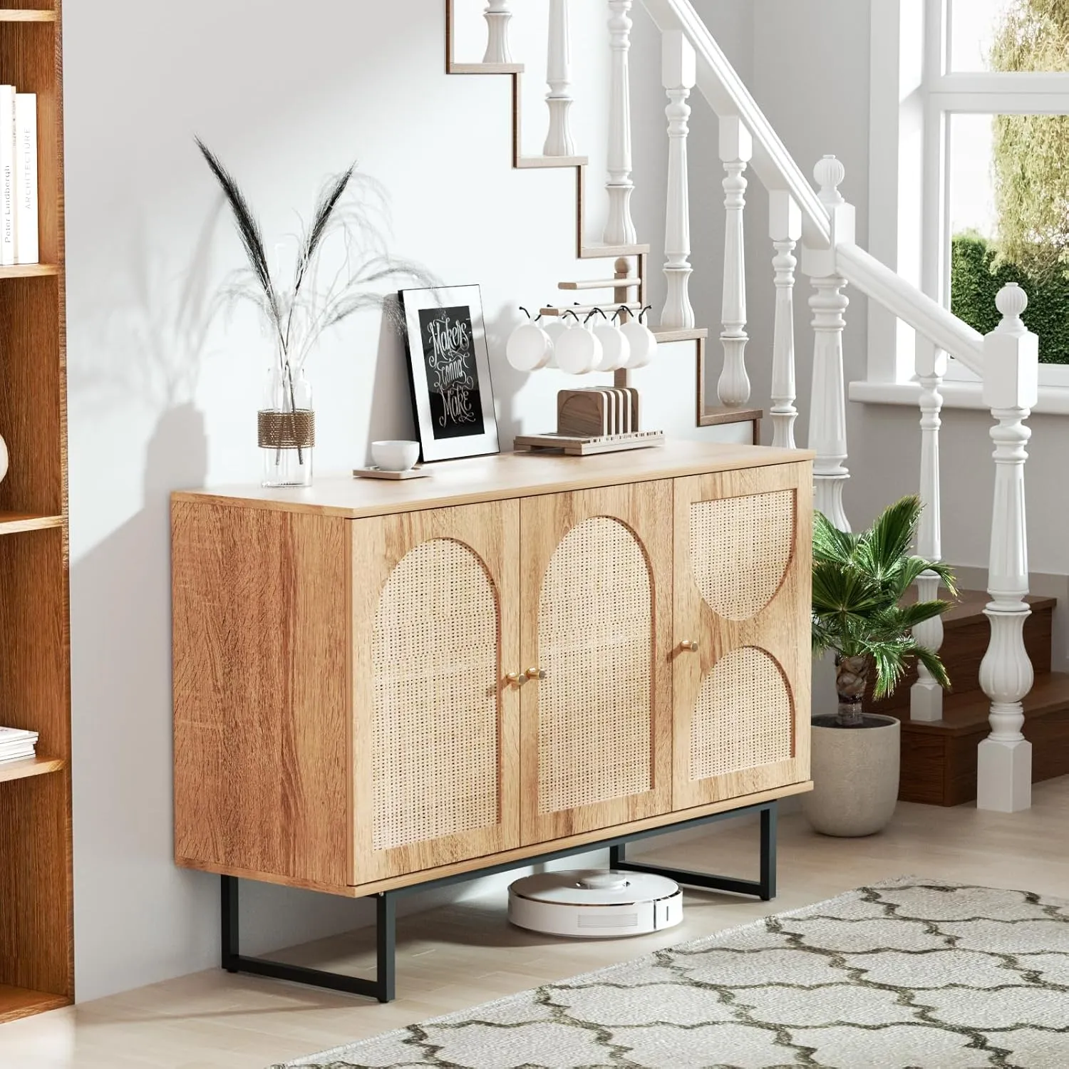 Rattan Sideboard Buffet Cabinet with Storage, Boho Farmhouse Wood Storage Cabinet with 3 Arched doors, Rattan Entryway Table Console Credenza TV Stand for Living Room, Dining Room, Kitchen, Hallway