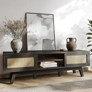 Rattan TV Stand for 65 Inch TV, Boho Black TV Console with Sliding Doors, Entertainment Center with Storage & Shelves, Mid Century Modern Media Console for Living Room, Bedroom, Black