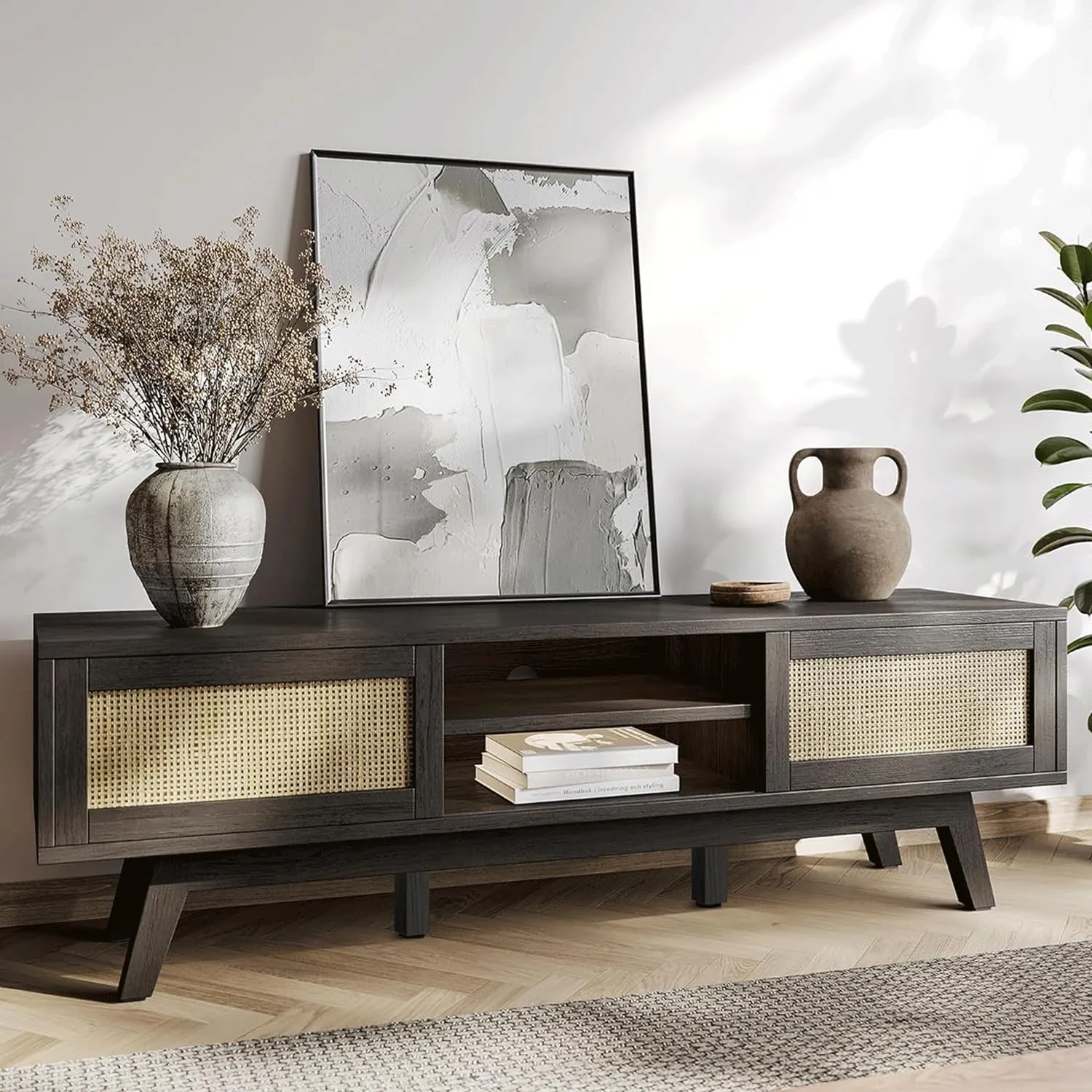Rattan TV Stand for 65 Inch TV, Boho Black TV Console with Sliding Doors, Entertainment Center with Storage & Shelves, Mid Century Modern Media Console for Living Room, Bedroom, Black