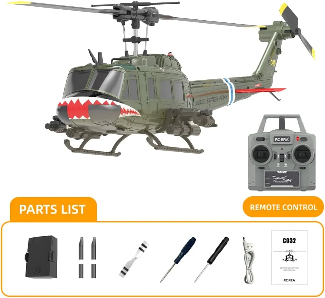 RC ERA C032 UH-1 Huey RC Helicopters for Adults Beginners, 1/48 Scale 6CH 2.4G 6-Axis Gyro Remote Control Stabilized Aircraft with 3D Rolling & Altitude Hold (RTF / 2 Battery)