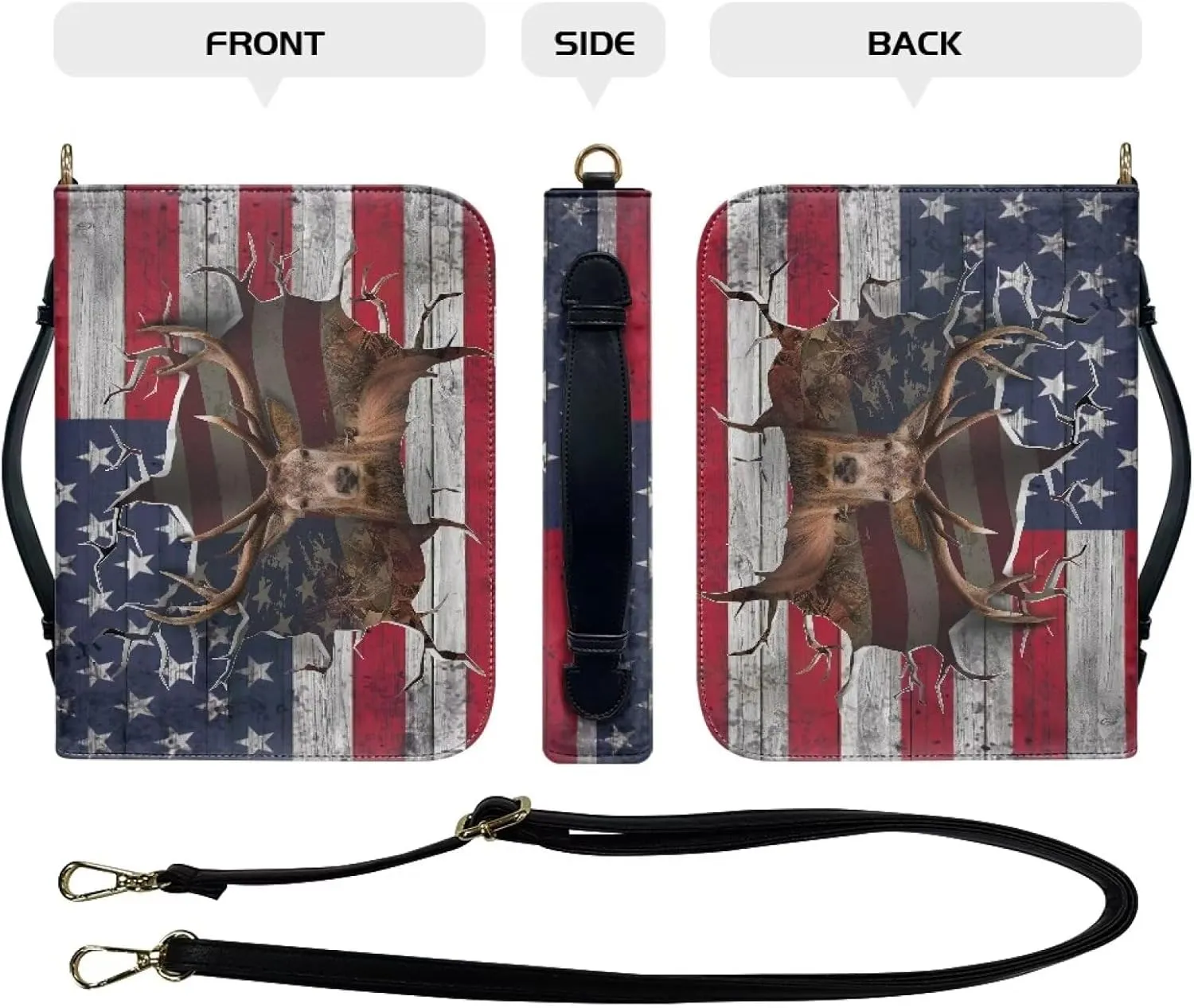 Rchsmod 3D Deer Print Bible Case for Men Women American Flag Pattern Large Leather Bible Cover Sturdy Bible Protective Carrier with Detachable Strap and Bookmark Belt Multifunctional Bible Bag, M
