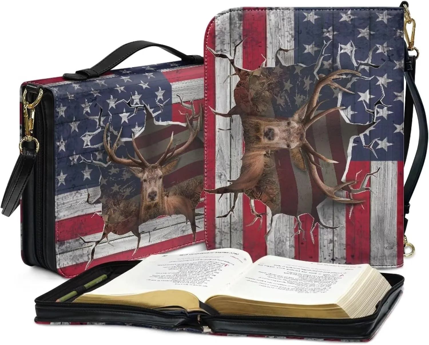 Rchsmod 3D Deer Print Bible Case for Men Women American Flag Pattern Large Leather Bible Cover Sturdy Bible Protective Carrier with Detachable Strap and Bookmark Belt Multifunctional Bible Bag, M