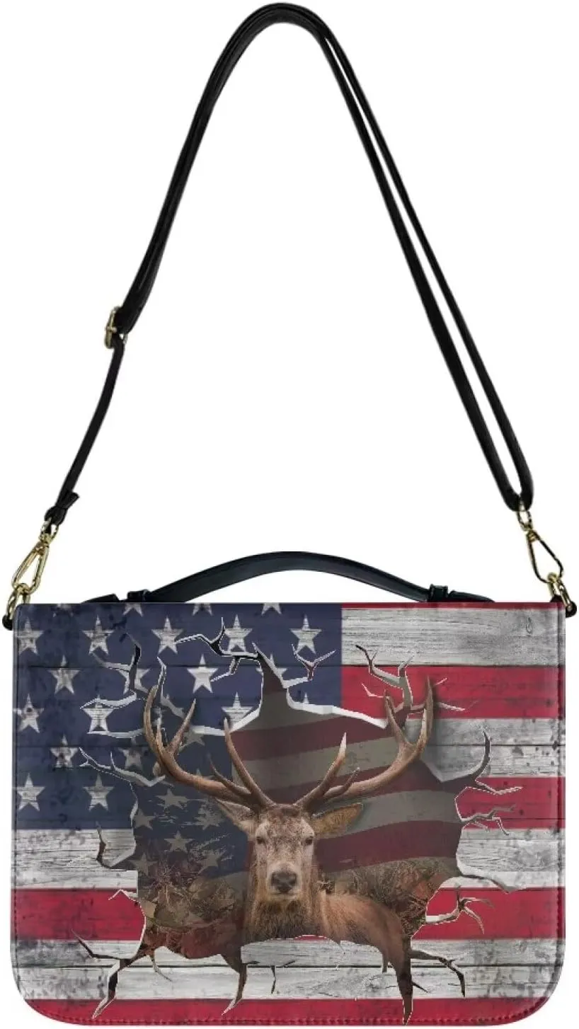 Rchsmod 3D Deer Print Bible Case for Men Women American Flag Pattern Large Leather Bible Cover Sturdy Bible Protective Carrier with Detachable Strap and Bookmark Belt Multifunctional Bible Bag, M