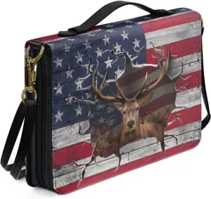 Rchsmod 3D Deer Print Bible Case for Men Women American Flag Pattern Large Leather Bible Cover Sturdy Bible Protective Carrier with Detachable Strap and Bookmark Belt Multifunctional Bible Bag, M
