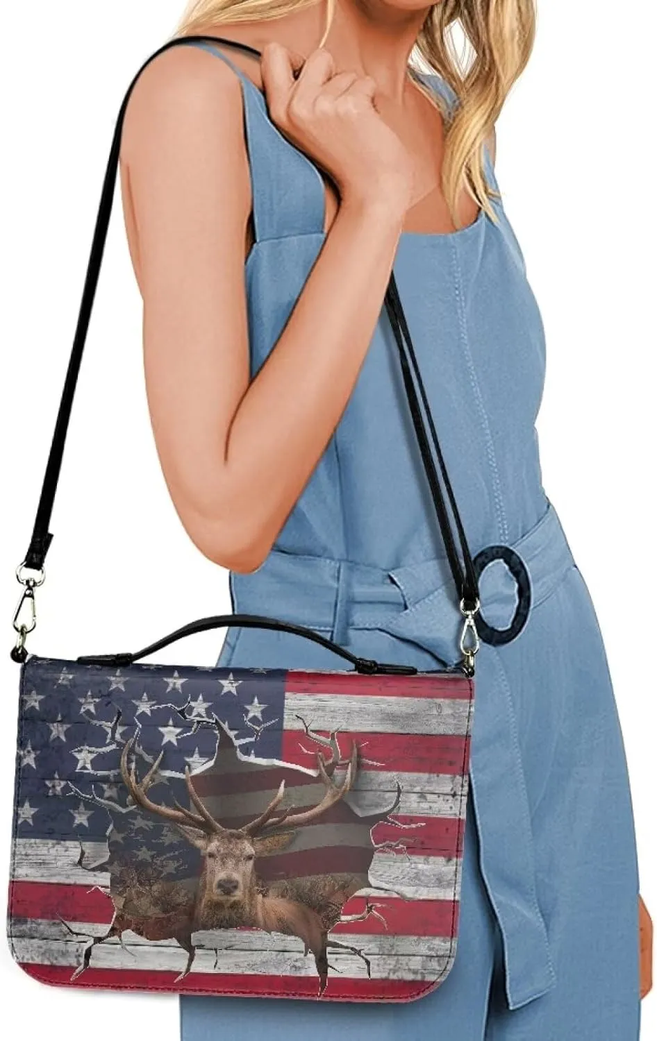 Rchsmod 3D Deer Print Bible Case for Men Women American Flag Pattern Large Leather Bible Cover Sturdy Bible Protective Carrier with Detachable Strap and Bookmark Belt Multifunctional Bible Bag, M