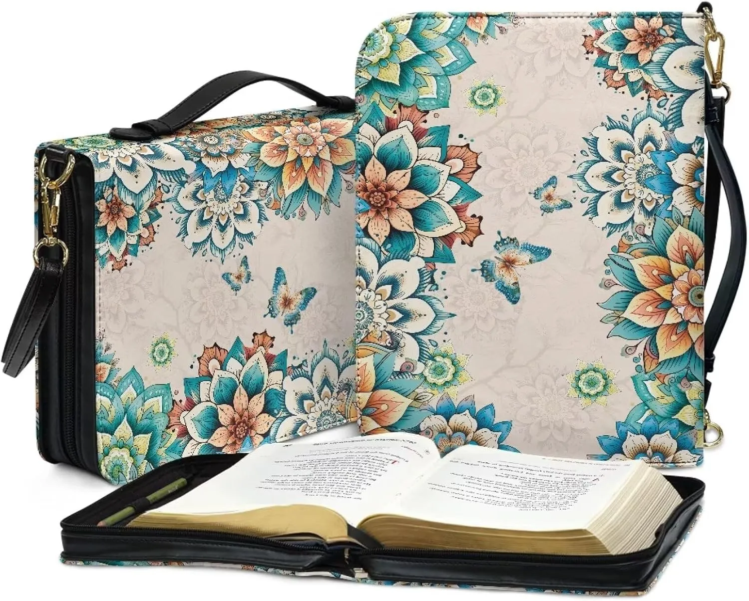 Rchsmod Boho Mandala Butterfly Print Bible Cover Case for Women Men Sturdy Leather Bible Cover Portable Bible Case with Shoulder Strap and Carrying Handle Lightweight Bible Bag for Bible Lover, M