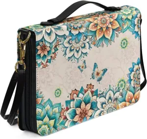 Rchsmod Boho Mandala Butterfly Print Bible Cover Case for Women Men Sturdy Leather Bible Cover Portable Bible Case with Shoulder Strap and Carrying Handle Lightweight Bible Bag for Bible Lover, M