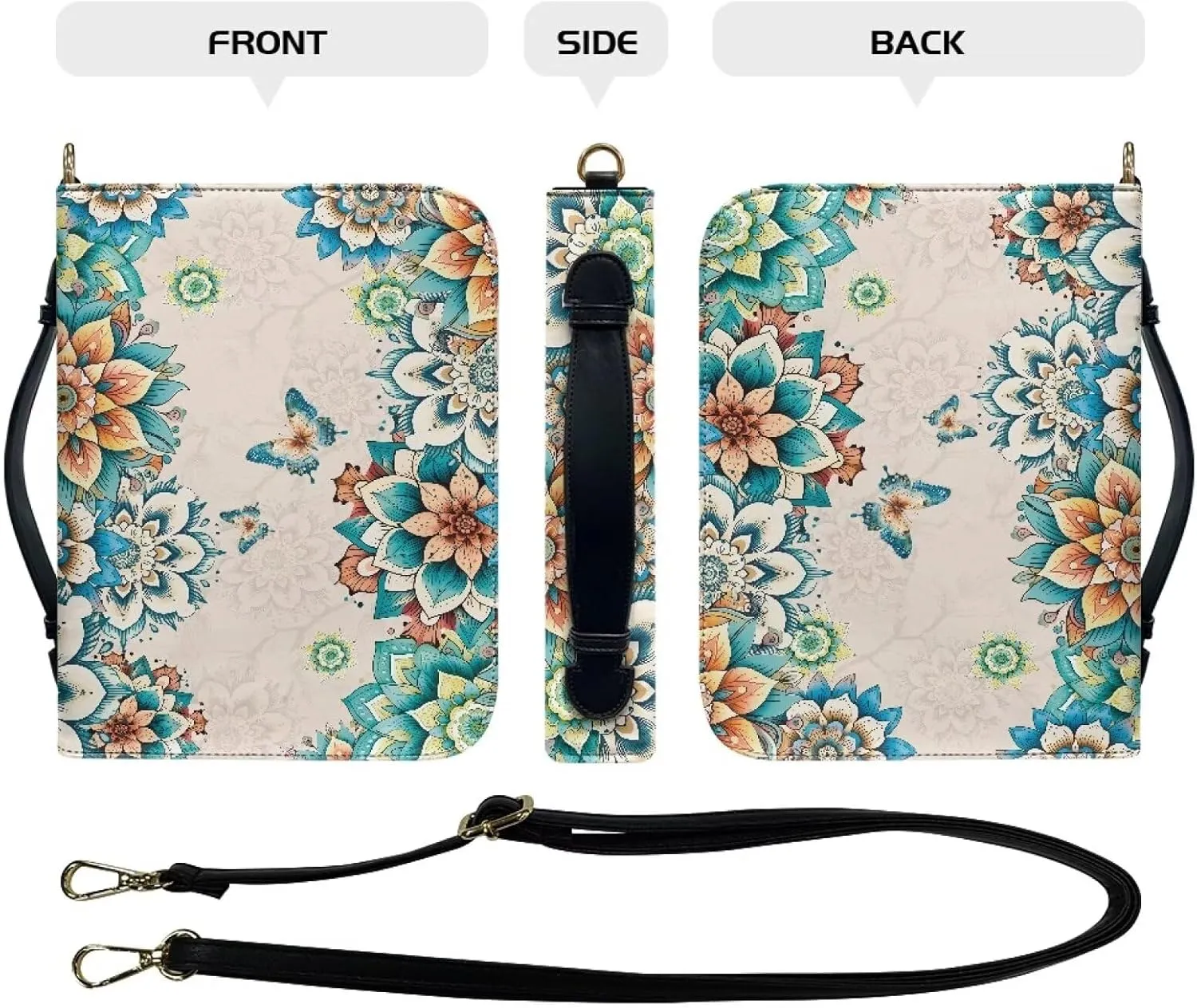Rchsmod Boho Mandala Butterfly Print Bible Cover Case for Women Men Sturdy Leather Bible Cover Portable Bible Case with Shoulder Strap and Carrying Handle Lightweight Bible Bag for Bible Lover, M