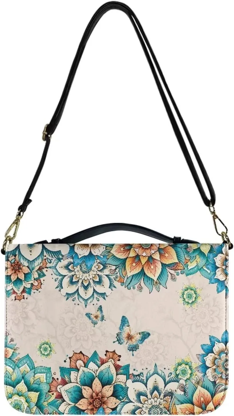 Rchsmod Boho Mandala Butterfly Print Bible Cover Case for Women Men Sturdy Leather Bible Cover Portable Bible Case with Shoulder Strap and Carrying Handle Lightweight Bible Bag for Bible Lover, M
